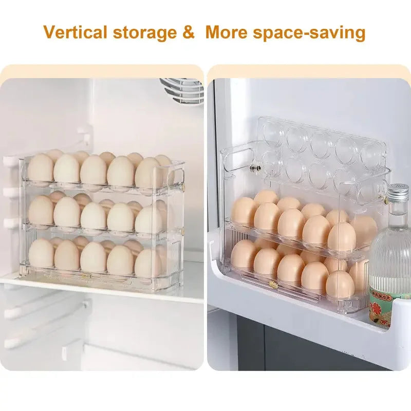 Kitchen Large Capacity Egg Fridge Storage Box - Portable Multi-Layer Egg Tray Organizer, Auto Opening/Closing Egg Holder