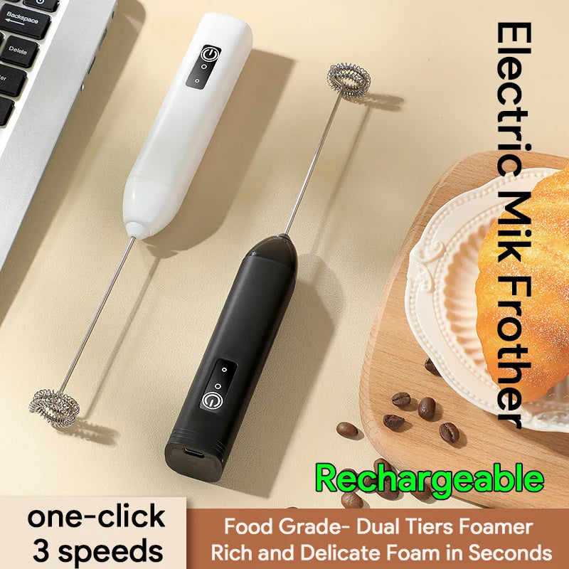 Electric Milk Frother USB Rechargeable Handheld Egg Beater 3 Speeds Foam Maker Mixer Coffee Drink Frothing Wand Foamer Kitchen