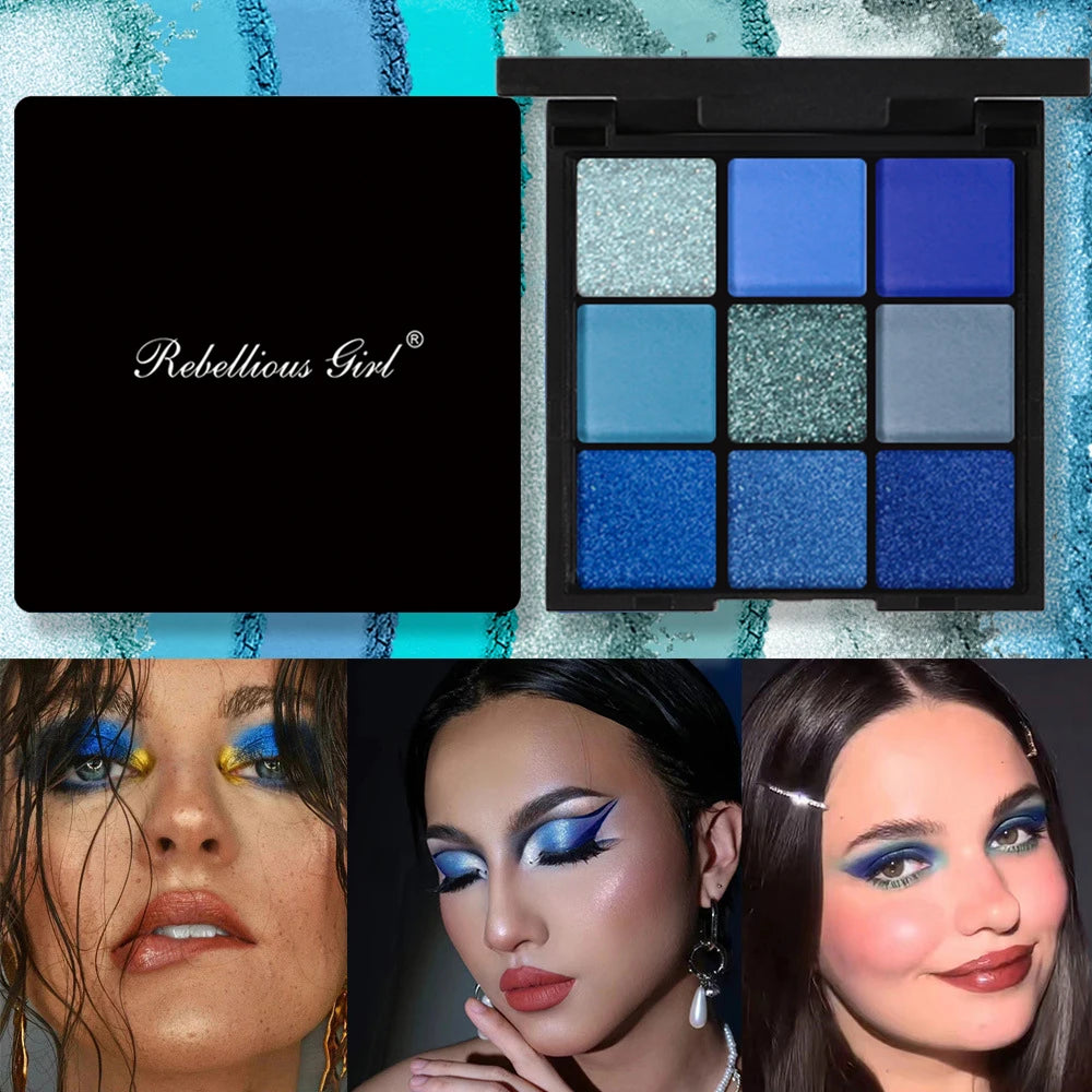 9 Color Eyeshadow Palette Blue Waterproof Sweatproof Blue Matte Pearl Glitter Finish Performance Stage Makeup Music Festival