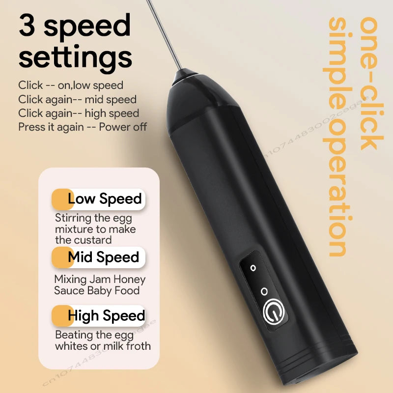 Electric Milk Frother USB Rechargeable Handheld Egg Beater 3 Speeds Foam Maker Mixer Coffee Drink Frothing Wand Foamer Kitchen