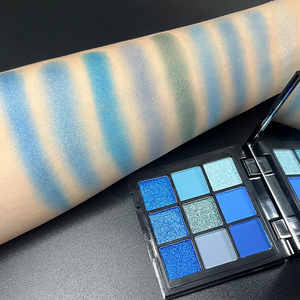 9 Color Eyeshadow Palette Blue Waterproof Sweatproof Blue Matte Pearl Glitter Finish Performance Stage Makeup Music Festival