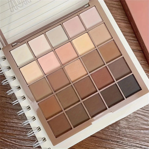25-color eyeshadow palette - neutral gray and brown earth tones, coffee and chocolate shades, creating versatile, natural to dramatic makeup looks