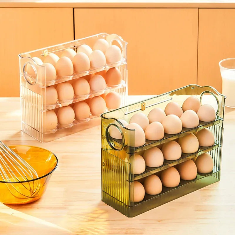 Kitchen Large Capacity Egg Fridge Storage Box - Portable Multi-Layer Egg Tray Organizer, Auto Opening/Closing Egg Holder