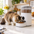 Automatic cat feeder with happy cat eating from it