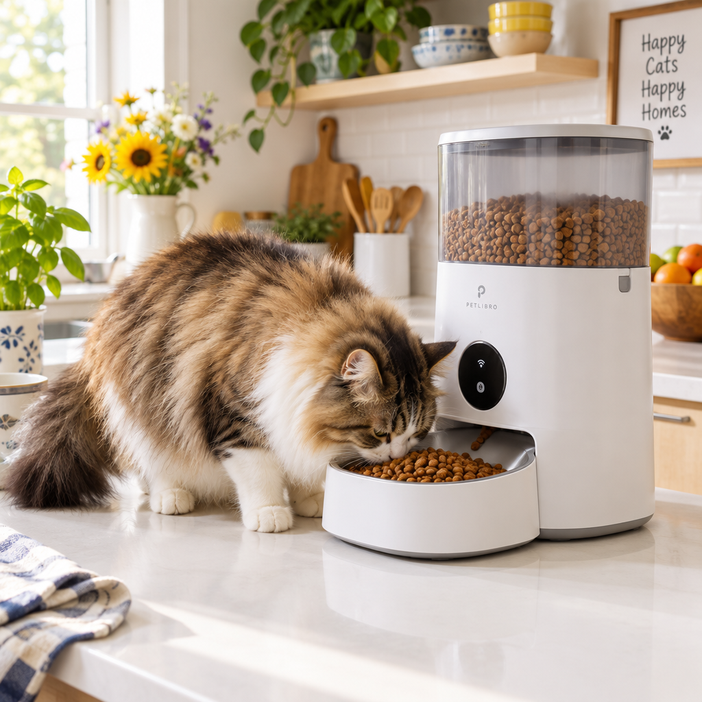 Automatic cat feeder with happy cat eating from it